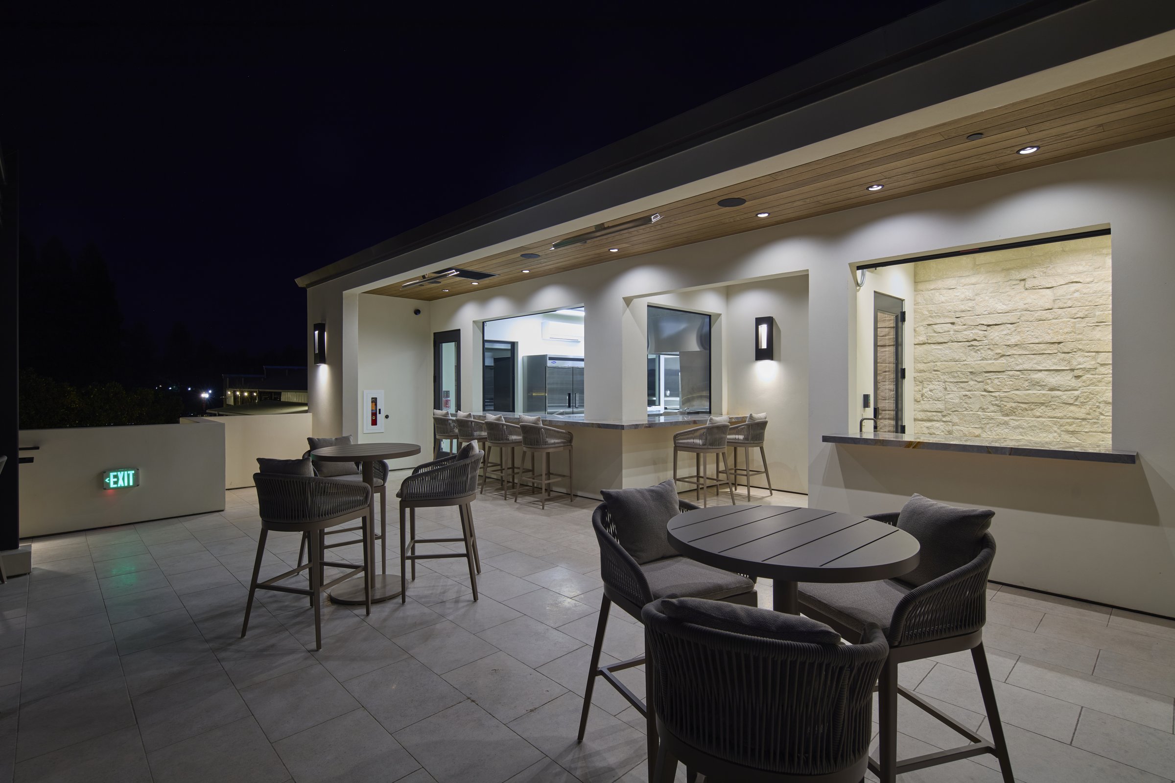 The rooftop event deck at night, Duchamp Healdsburg.