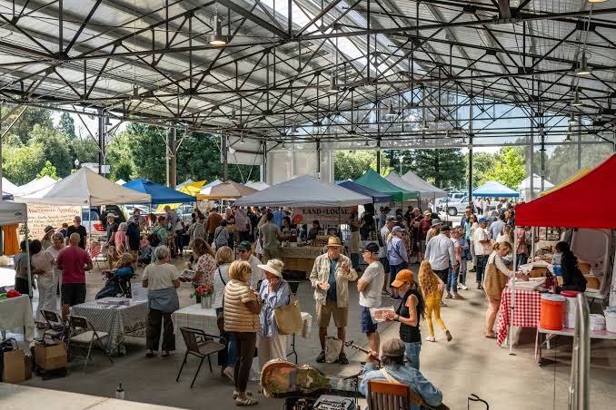 Saturday morning at the Healdsburg Farmers' Market beneath the roof of the Pavilion.