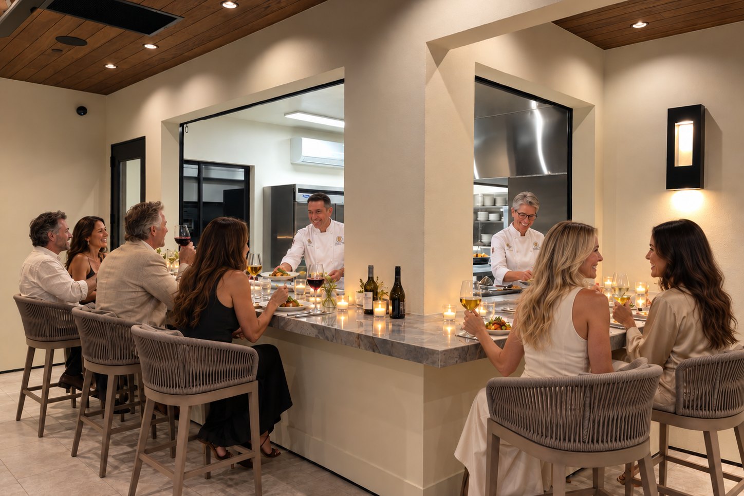 Six guests at the chef's counter at Duchamp Healdsburg, the chefs at work in the display kitchen behind.