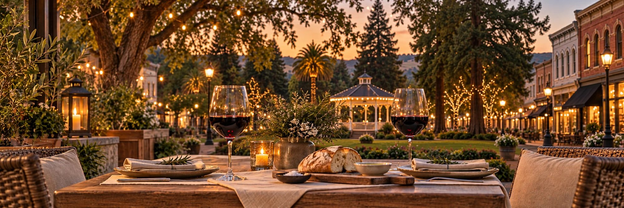 A wide dusk table scene.