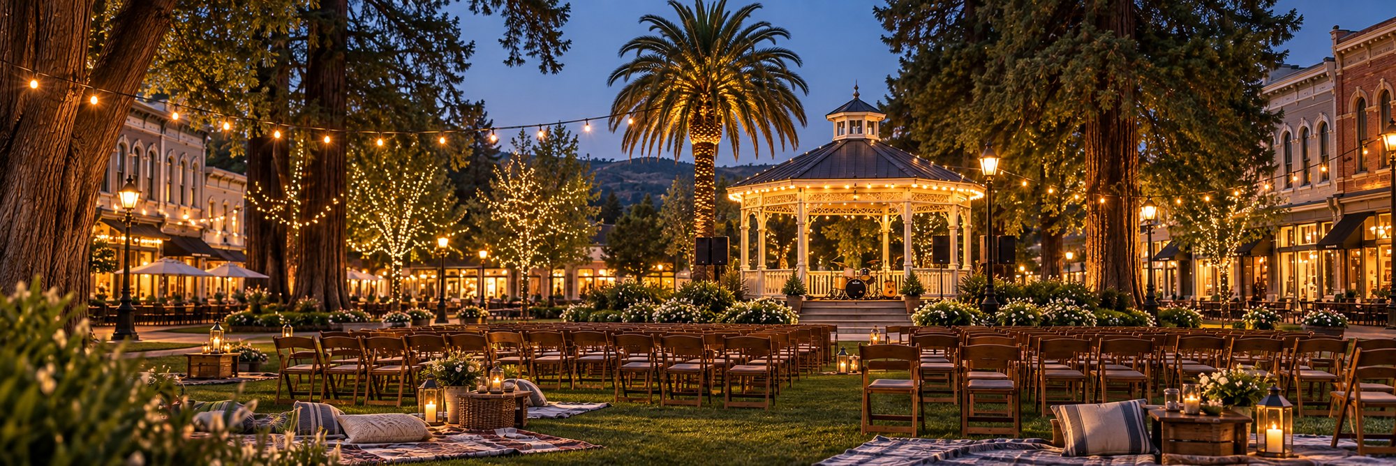 An evening gathering in the Healdsburg plaza.