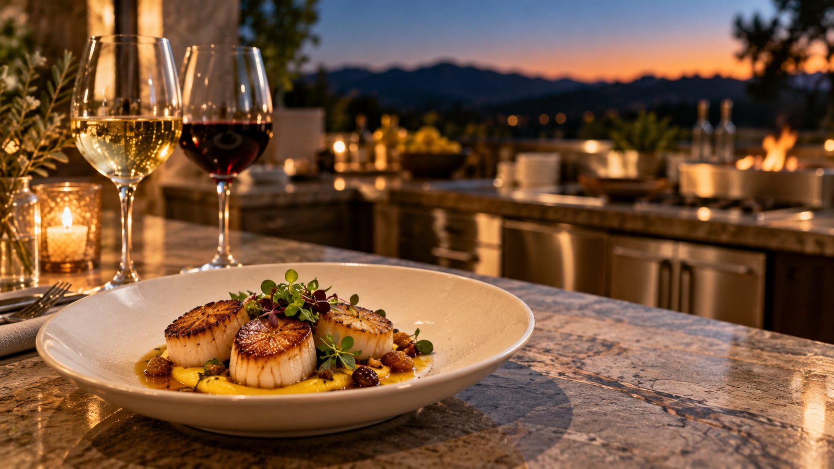 A private dinner at the chef's counter on the Fitch Mountain Overlook at dusk.