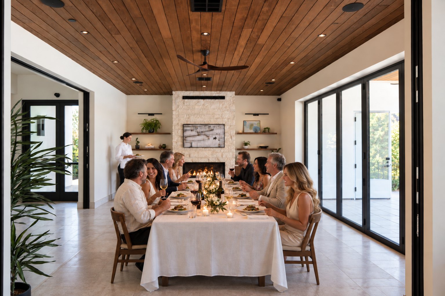 A private dinner for eight at a long linen-dressed table in The Living Room at Duchamp Healdsburg, fireplace lit.