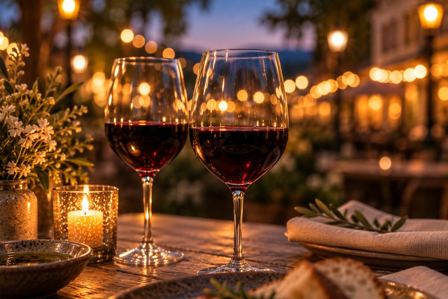 Two glasses of red wine on a candlelit table at dusk in Healdsburg.