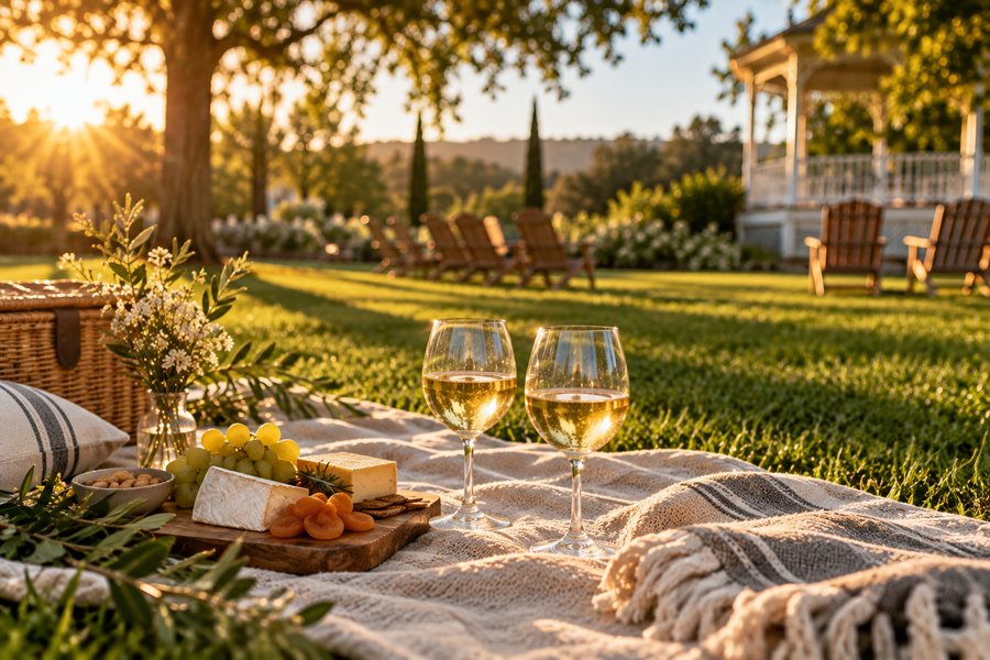 A golden-hour picnic on the lawn with wine glasses, a cheese board and the Duchamp gazebo behind.